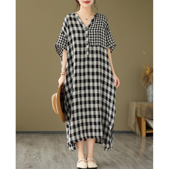 Women's Linen Dress Summer Casual Loose Gingham Midi Cotton Flowy - Picture 3 of 7